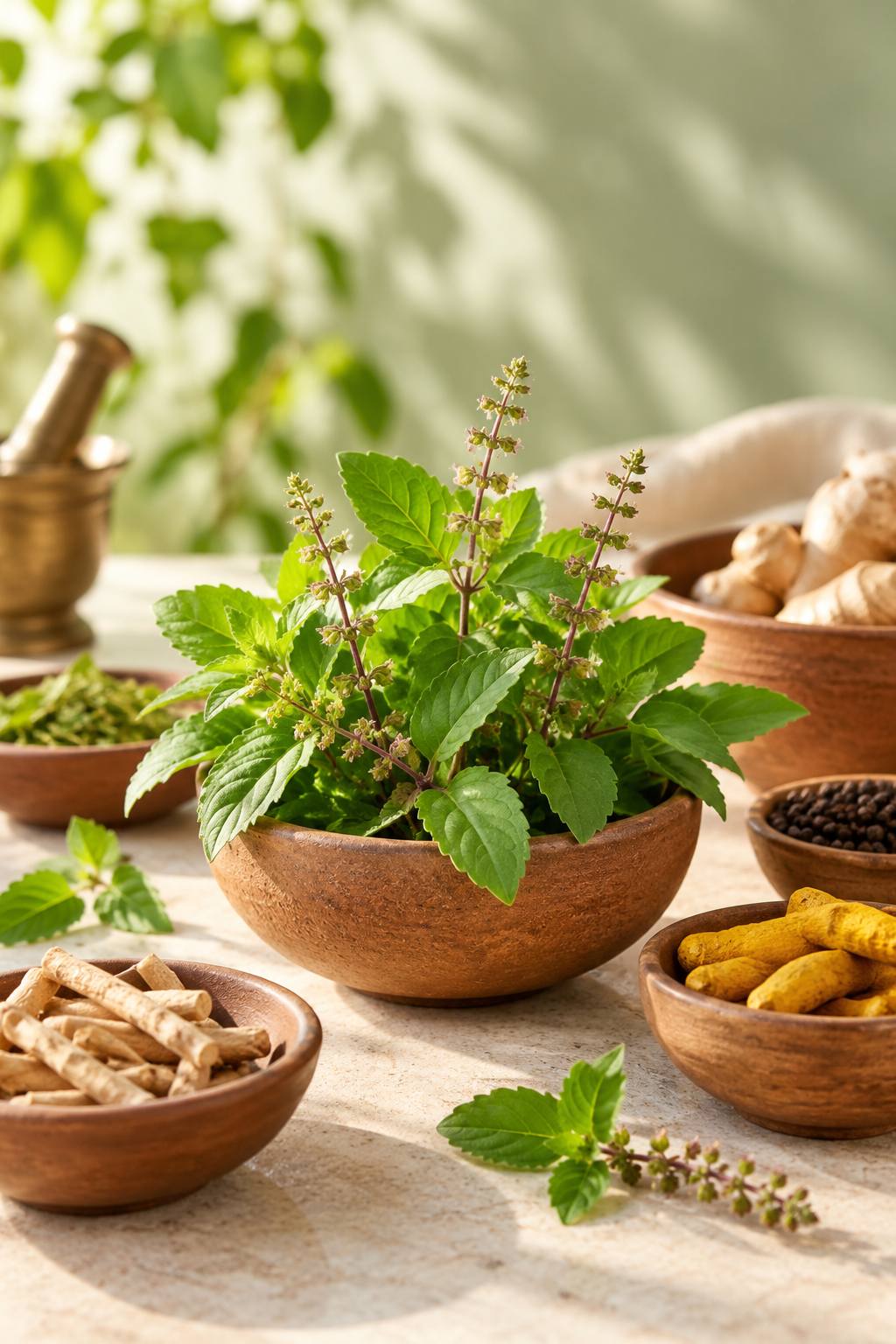 Fresh herbs in earthen bowls